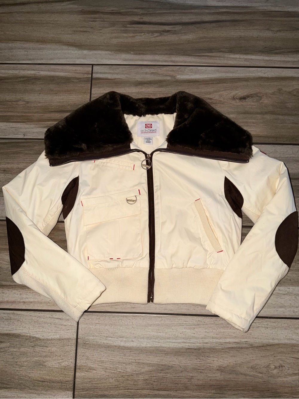 Y2K Eckored Women’s Cream Bomber Jacket with Brown Fur Collar